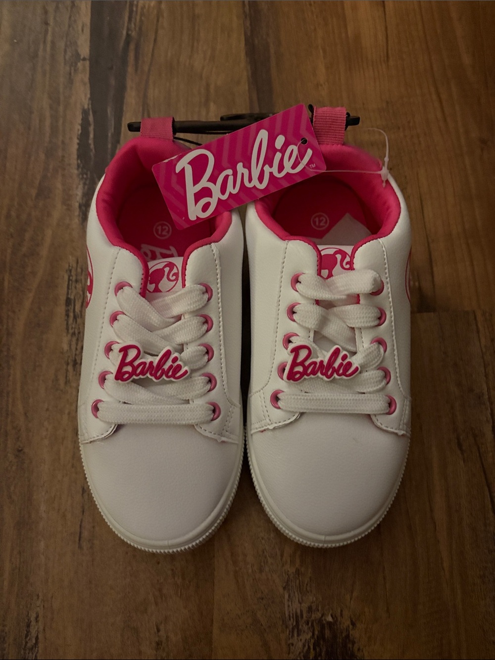 Barbie White and Hot Pink Kids Lace-Up Sneakers. Size girls 12. New.